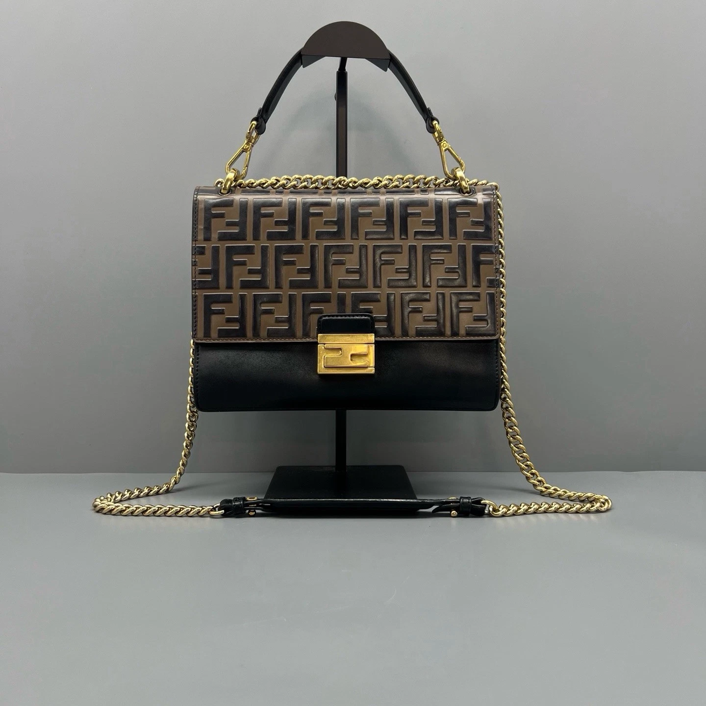 Fendi — Authentic Pre-owned Fendi Brown & Black Leather FF Kan I Chain Shoulder