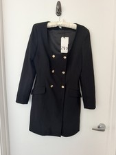Zara Double Breasted Long Black Blazer Dress M Jewel Gold Buttons Flower Jacket