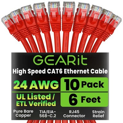 Cat 6 Ethernet Cable 6 Feet 10 PCS 10Gbps RJ45 Snagless Patch Cord Red PC