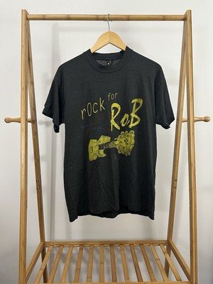 VTG 90s Rock For Rob Guitar Faded Worn Distressed Paper Thin Black T-Shirt L