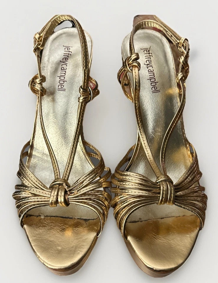 Jeffrey Campbell Spike Heels Leather Gold Metallic Strapy Platform Party Sz 8 - Image 3 of 4