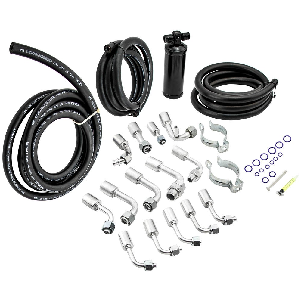 134a AC Air Conditioning Hose Kit R-Ring Fittings Drier Extended Length A/C Hose