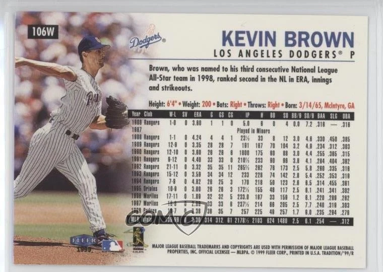 1999 Fleer Tradition Warning Track Kevin Brown #106W - Image 2 of 2
