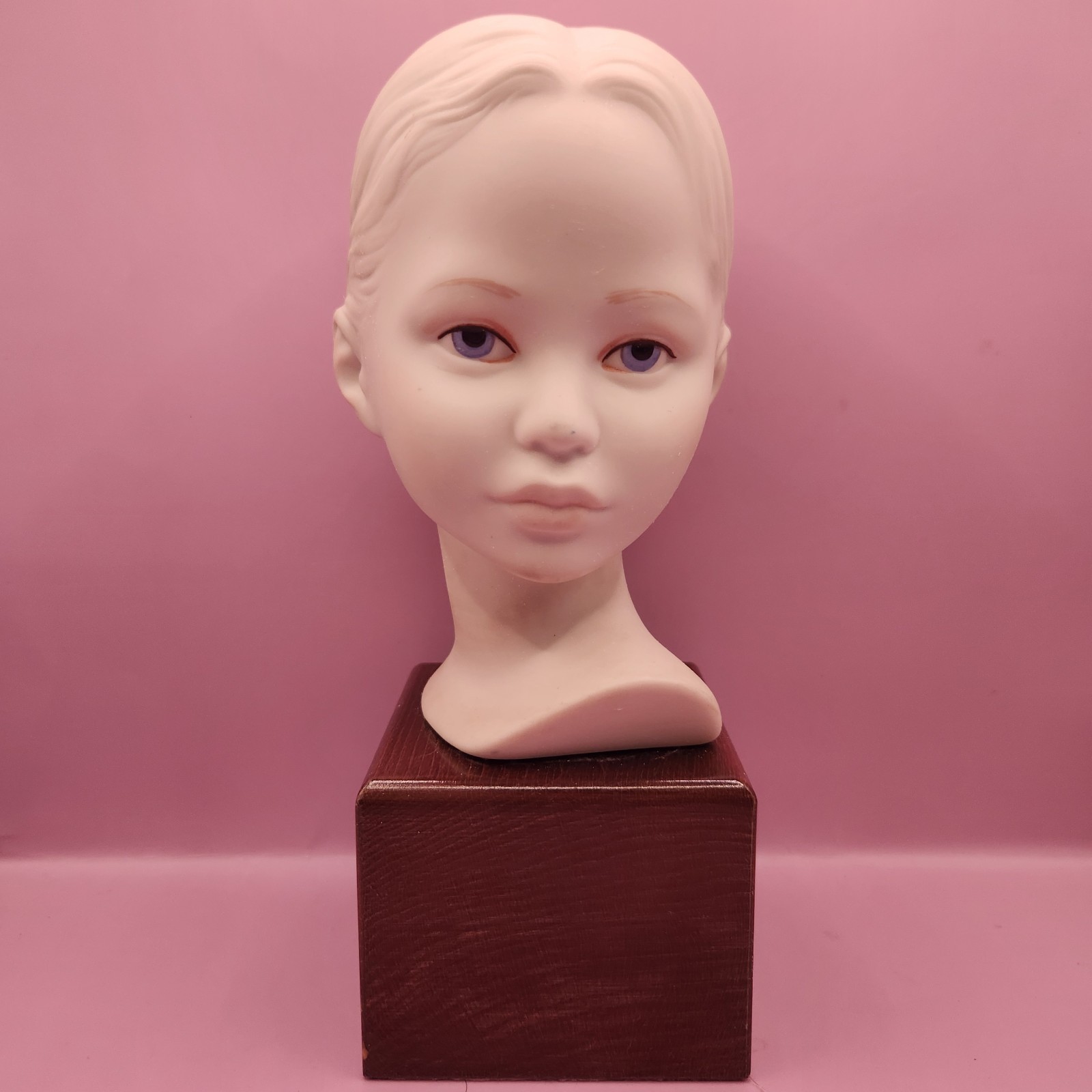 Vintage Cybis Bisque Porcelain Girl Bust w/ Wooden Base Pedestal, Signed, 10