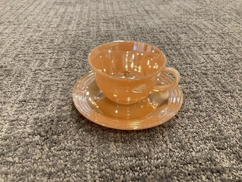 Vintage FIRE KING Glass Peach Luster Tea Cup w/ Ribbed Saucer 2 Piece Set
