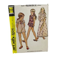 #3224 McCalls VTG Girls Dress or Top and Shorts Sewing Pattern size 14 UNCUT