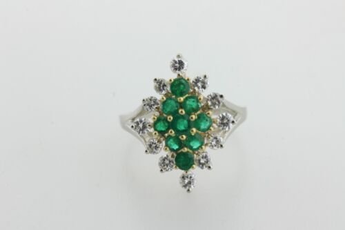 14K White & Yellow Gold Emerald & Diamond Cluster Style Ring - Size 7 - Picture 4 of 8