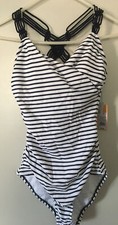 NWT Kona Sol Shirred Macrame Strap One Piece Swimsuit Navy Blue White Striped S