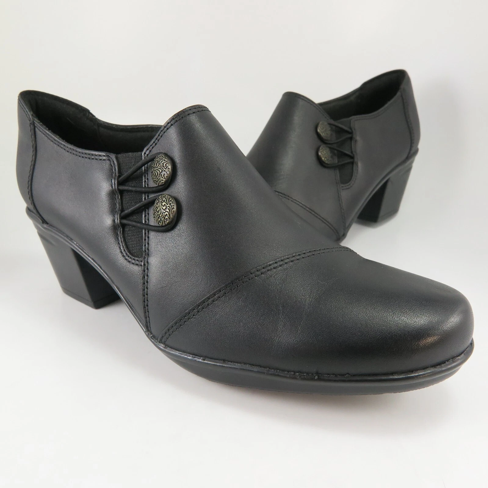 NUOVO mocassino Clarks EMSLIE WARREN donna taglia 9M nero pelle shooties tacco 2 25"