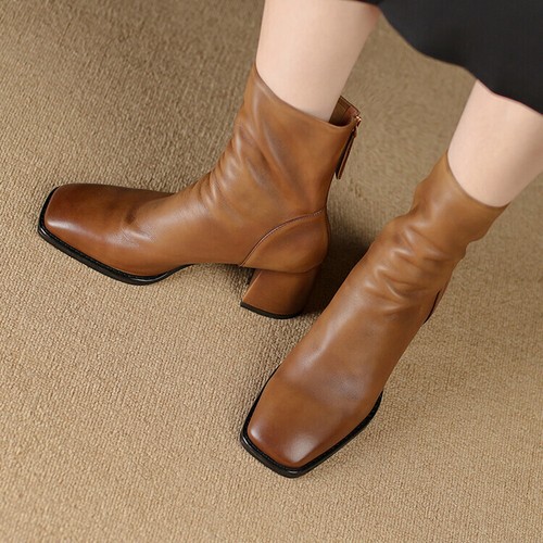 Womens Real Leather Square Toe Ankle Boots 7cm Chunky Block Heels Back Zipper sz