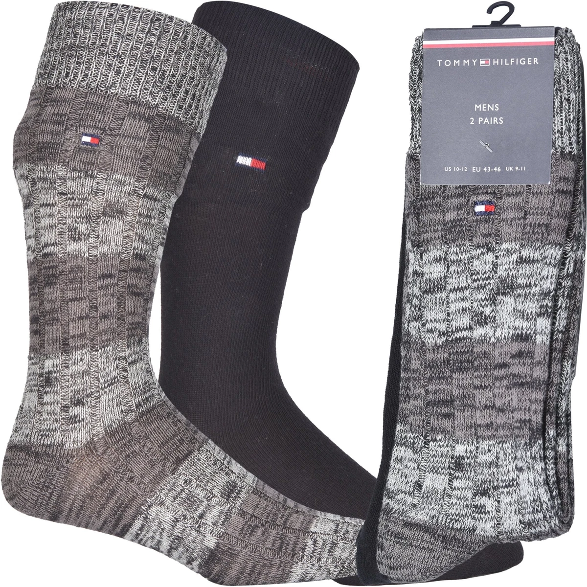 Tommy Hilfiger 2 Pack Slub Mouline Rugby Stripe Men s Boot Socks Black Grey
