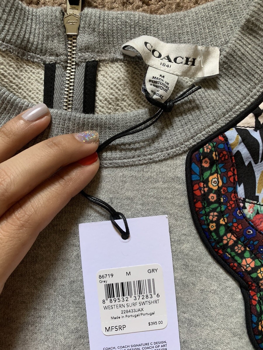 Women's Coach Nice design Shoulder Flowers Grey Fleece Sweatshirt