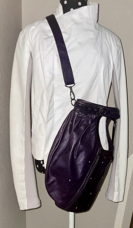 Hogan-Purple Leather Convertible Shoulder/Cross Body Hobo Bag-Stud Accents-Italy - Image 2 of 4