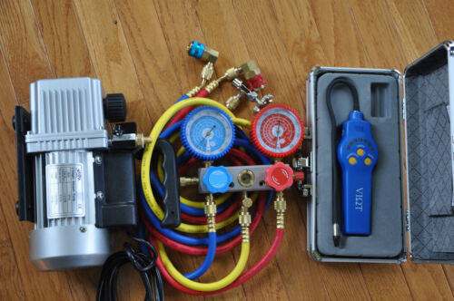 HVAC Tool Kit:Rotary Vacuum Pump+Manifold Gauge+Hose+Leak Detector+R134a Coupler - Picture 1 of 5