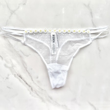 PINK Victoria's Secret Wink Strappy Dot Mesh Thong Panty White SZ L/XL