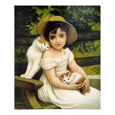 Hand-Painted Oil Painting on Canvas 50x60 CM The Girl and Two Cats Made in Italy