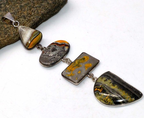 Large Bumble Bee Jasper 925 Silver Plated Pendant 4.7" Ethnic Jewelry GW