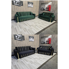 Ark Future Modern Black Velvet Sofa Bed Set 3+2 Seater Corner Storage Gold Trim