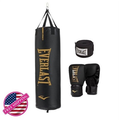 Durable Heavy Punching Bag Kit, Black   with Elite Cardio Gloves & Hand Wraps