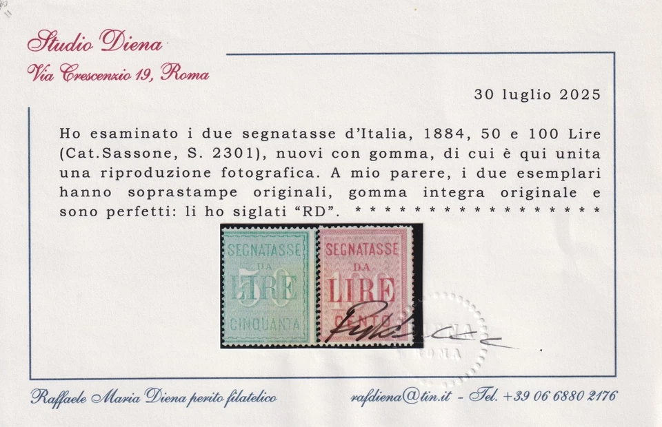 Regno 1884 - Segnatasse Cifra 50-100 Lire MNH CERTIFICATO DIENA - Immagine 3 di 3