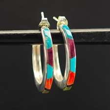 Southwest Turquoise Coral Inlay Stud Hoop Sterling Silver Earrings