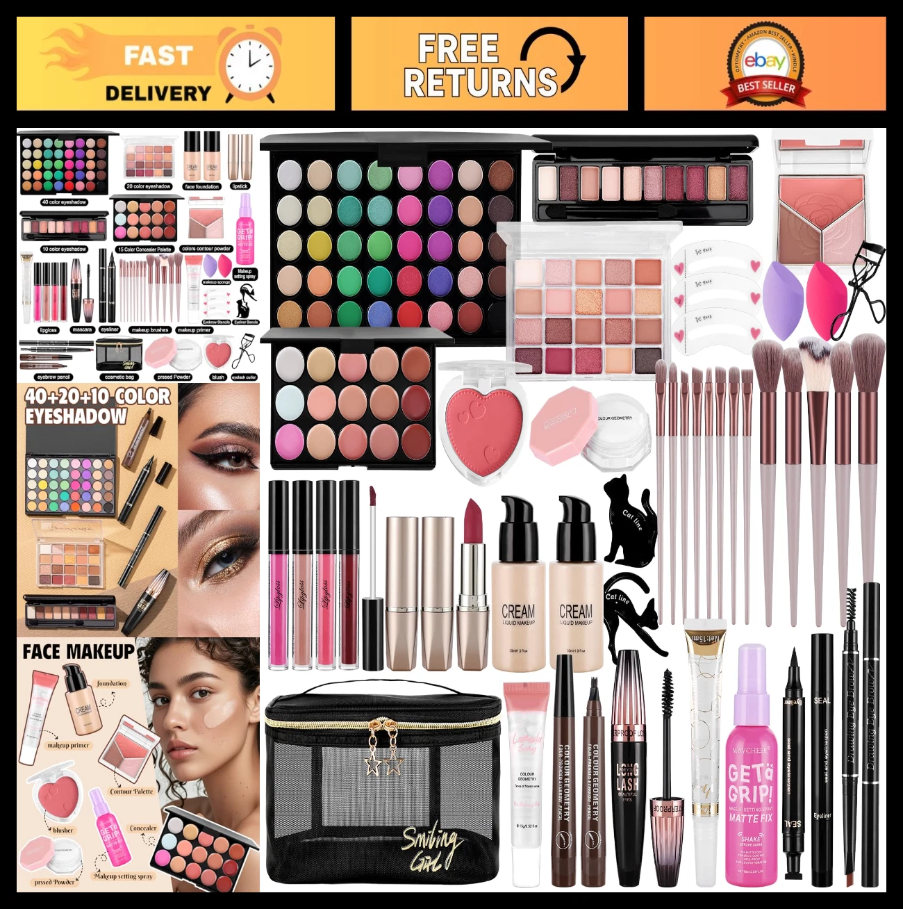 Complete Makeup Kit for Women - Foundation, Eyeshadow Palette, Brushes, Gift Set