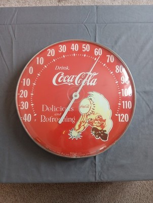 VINTAGE USA JUMBO DIAL METAL COCA COLA CAP BOY ADVERTISING THERMOMETER SIGN