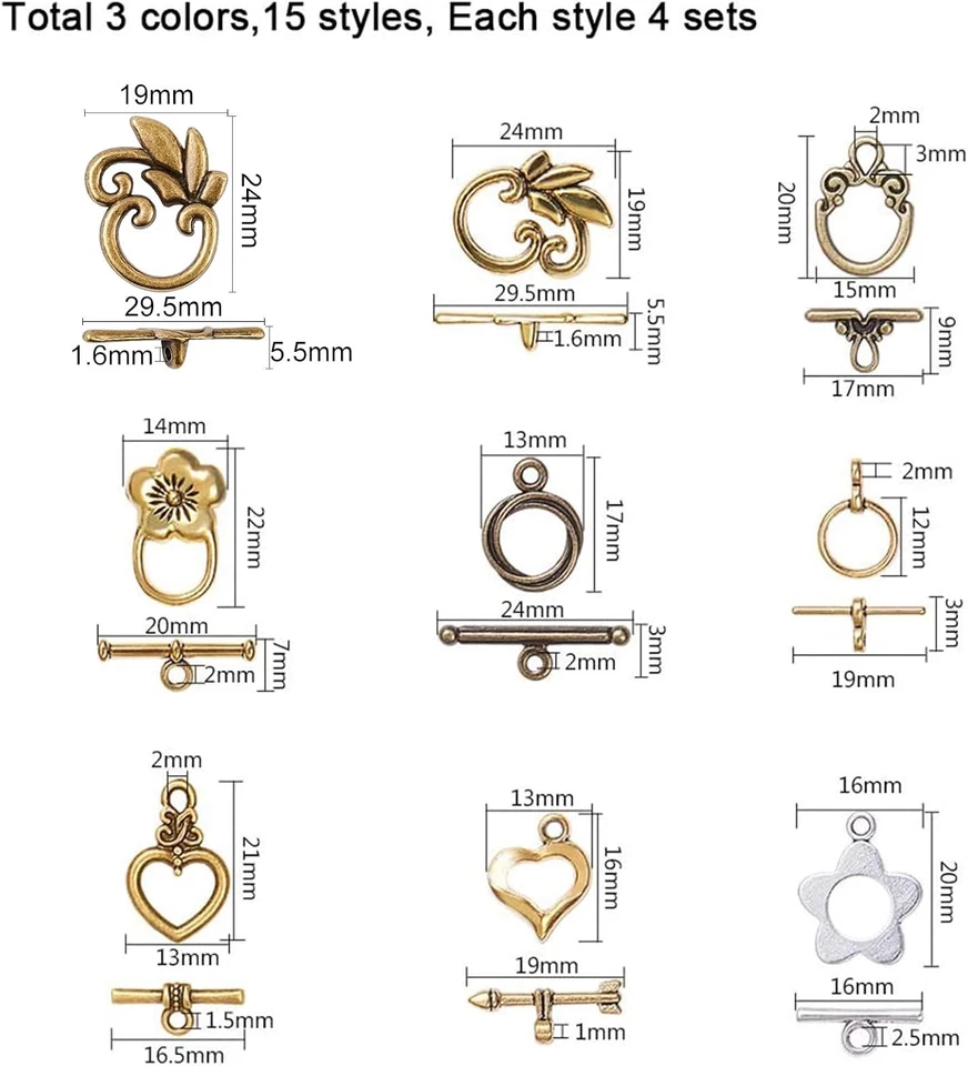 60 Sets Toggle Clasp, 15 Styles T-Bar Closure Clasps IQ Toggle Clasps Flower Hea - Image 4 of 4