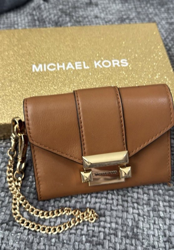 Michael Kors brown tan with gold chain wristlet wallet 
