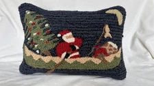 Rare Chandler 4 Corners Pillow Santa In A Canoe 14X21” Hooked Wool 2007