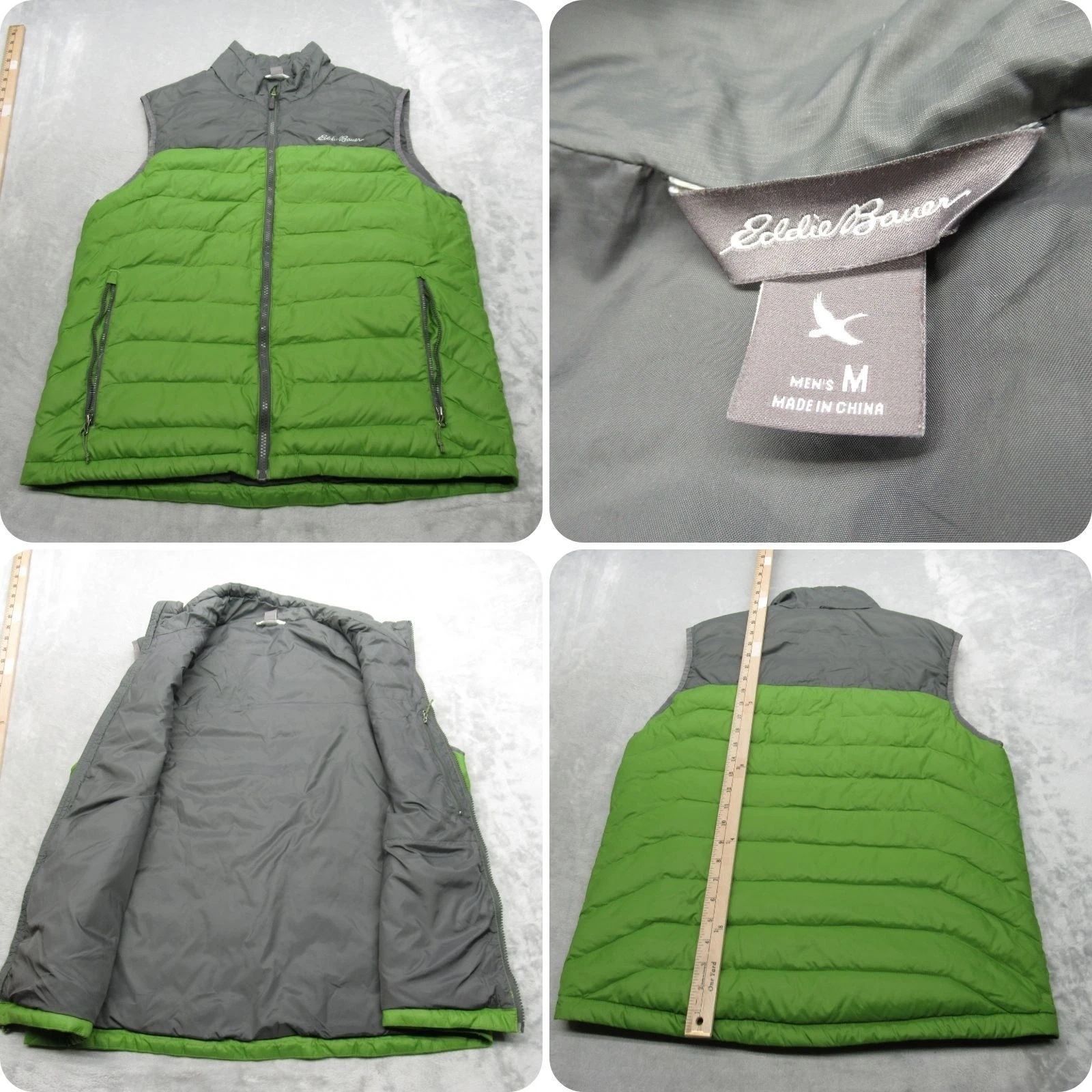Eddie Bauer Down Vest Mens Medium Green Gray Full Zip Insulated Puffer Outdoor
