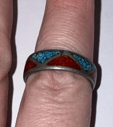 Vintage Navajo Crushed Turquoise And Coral Silver Ring