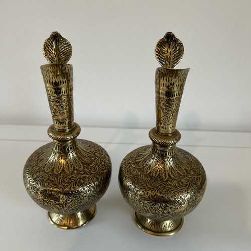 Pair Vintage Cobra Head Brass Pitchers/Jugs/Bud Vases, Engraved