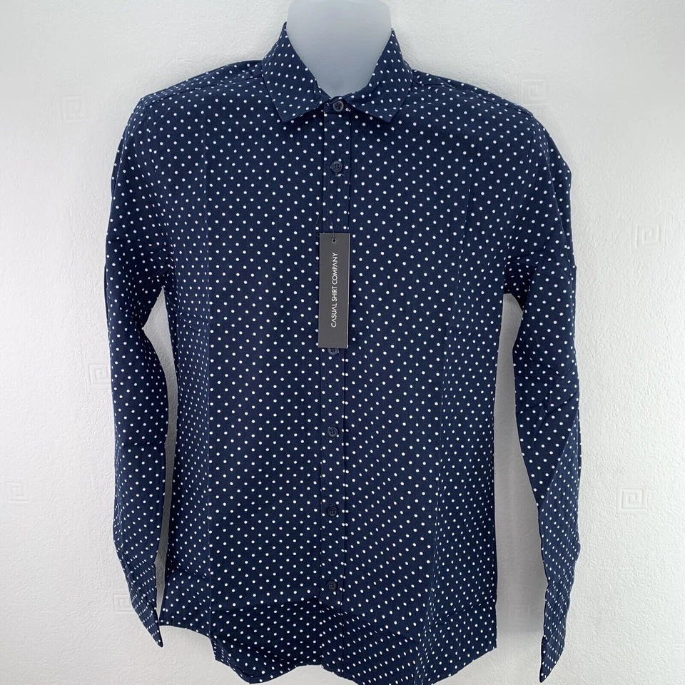 Men’s Long Sleeve Regular Fit Shirt, Size S, Navy Polka Dot - Image 2 of 4