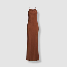  378 Misha Women's Orange Queenie Shimmer Sleeveless Halter Dress Size 6