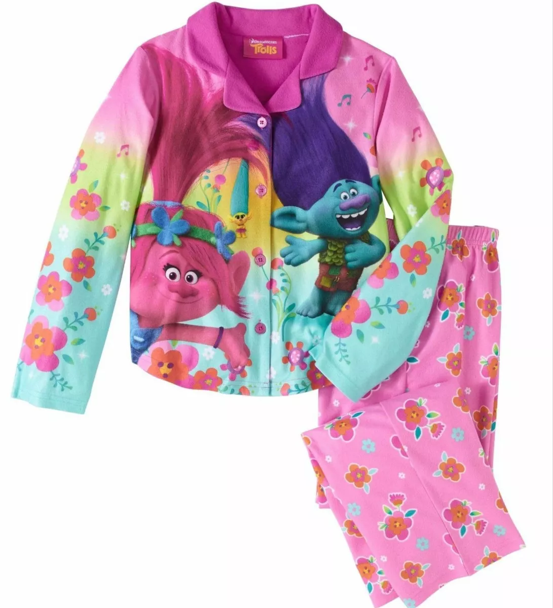 Dreamsworks Trolls Button up Pajamas 10 12 Larg Child Girl 2 Piece Flannel New