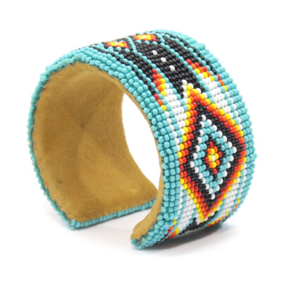 Handmade Beaded Cyan Blue Diamond Pattern Hard Cuff bracelet