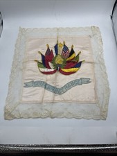 WWI Embroidered Silk Lace Hankie Pillow Case Souvenir Of France Flag Flower