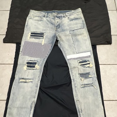 mnml Light Blue Cotton Denim Slim Straight Jeans Patchwork Distressed Ankle Zip