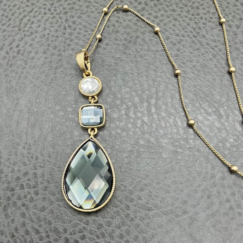 Lia Sophia Gold Tone Beaded Station Necklace Faceted Glass Drop Pendant - Image 3 of 4