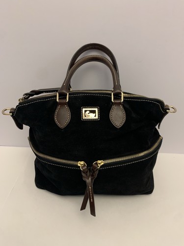 Dooney & Bourke Large Black Suede & Brown Leather Dillen Double Pocket Satchel