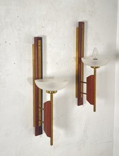 COPPIA APPLIQUE LEGNO OTTONE VETRO DESIGN MID CENTURY MODERN ANNI 60 WALL LAMP