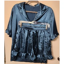 Ekouaer Women's Satin Pajama Set Button Top Shorts Pockets Ruffle Medium