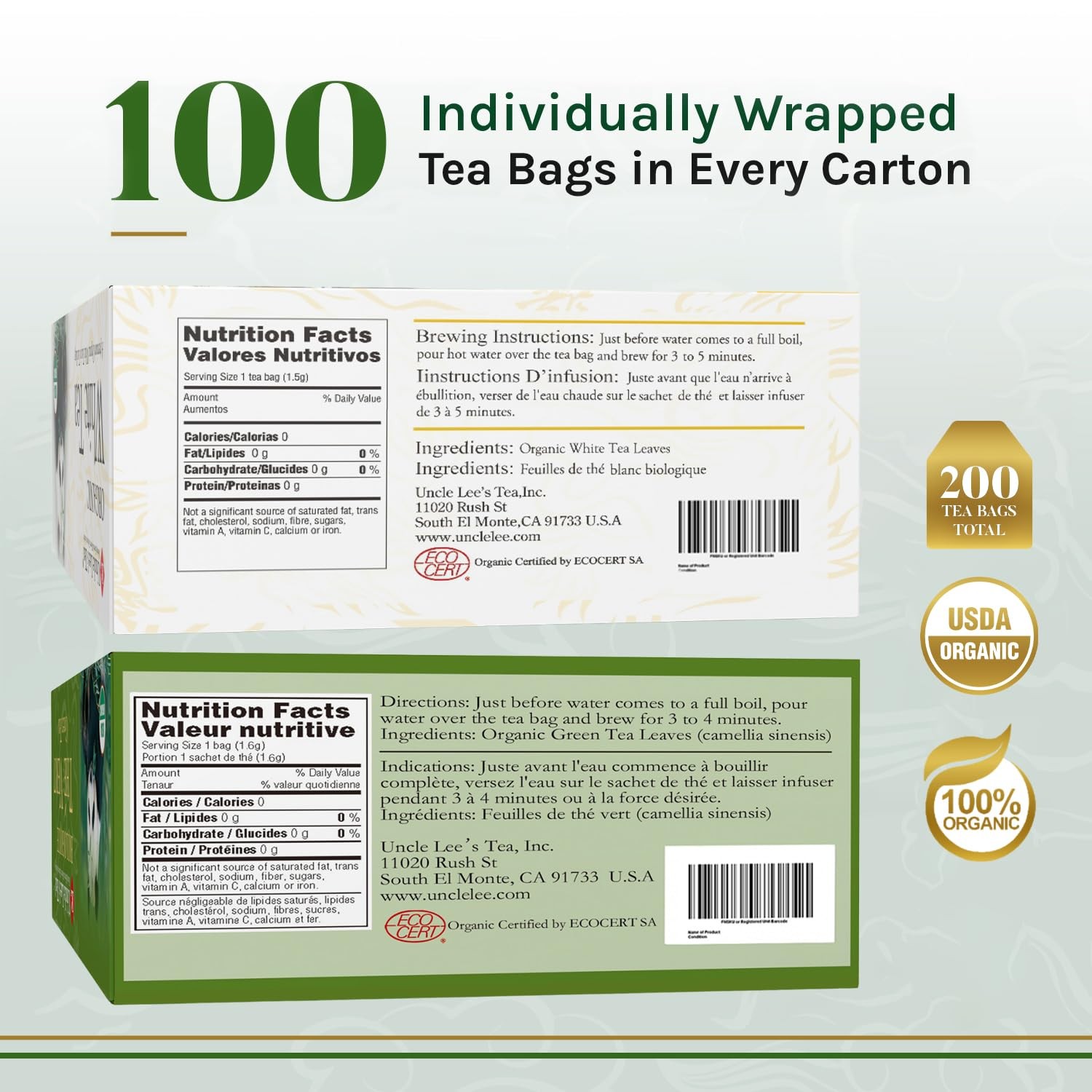 Uncle Lee's Organic White & Green Tea Variety 2-Pack (206 Individually Wrappe...