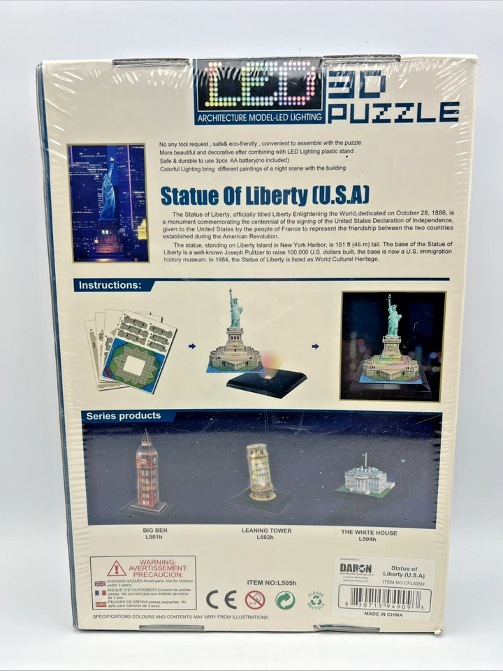 CubicFun LED 3D Puzzle Statue of Liberty 37pcs Model Kit New Factory Sealed Box - Image 3 of 4