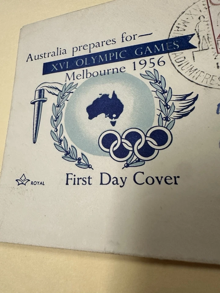 1956 Melbourne Australia, First Day Cover, Blue, Stamps, Water Mark, Royal - Image 2 of 4