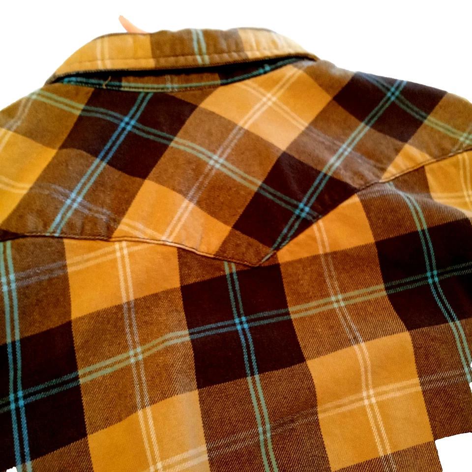 Camisa de franela a presión vintage Route 66 marrón grande a cuadros manga larga perla Foto 3 de 4