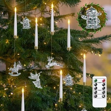 LED Taper Candles with Snowman, Reindeer, Fairy Hooks, Remote Timer White 12p...