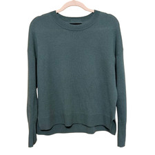 Tahari 100 2-Ply Cashmere Sweater Women Large Blue Crew Neck Split Hem Pullover