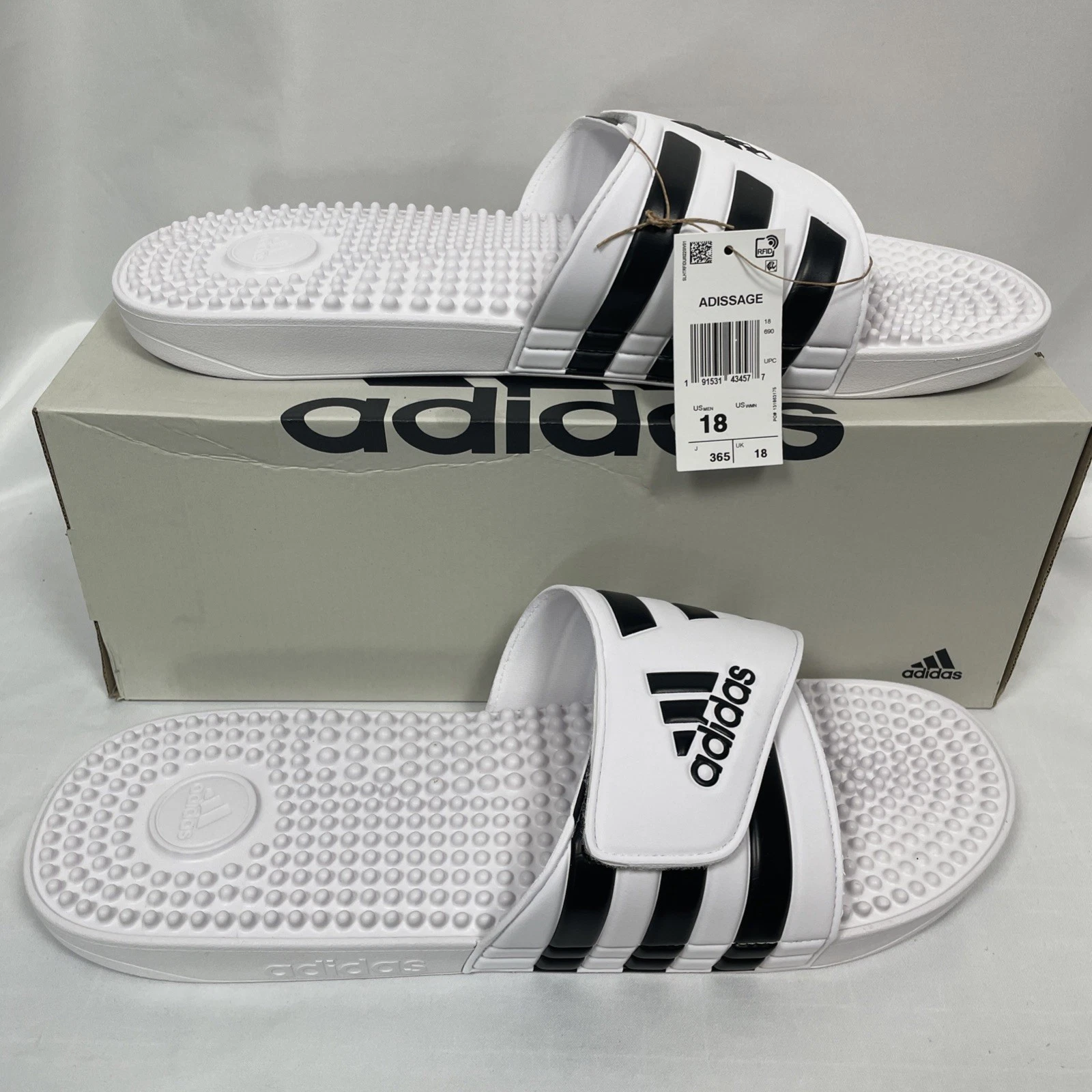 Adidas Adissage Slides sandalo bianco nero uomo 18 casual piscina spiaggia F35573 nuovo con etichette